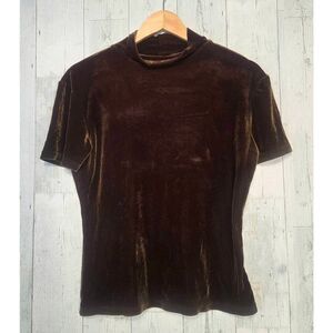 VTG Y2K VS Brown Velvet Short Sleeve Mock Neck Witchy Top Blouse Sz L